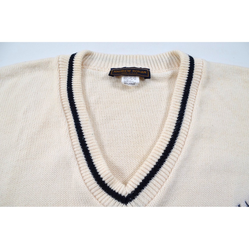 Andrew Rohan Sweater Mens 2XL Ivory w/ Blue Trim V-Neck Hanover College USA - Picture 12 of 16